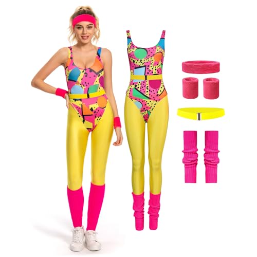 Cyborey 6 Stück Set 80er Jahre Fitness Kostüm Damen Bunte Jumpsuit Yoga Hose Retro Trainingsanzug Kostüm von Cyborey