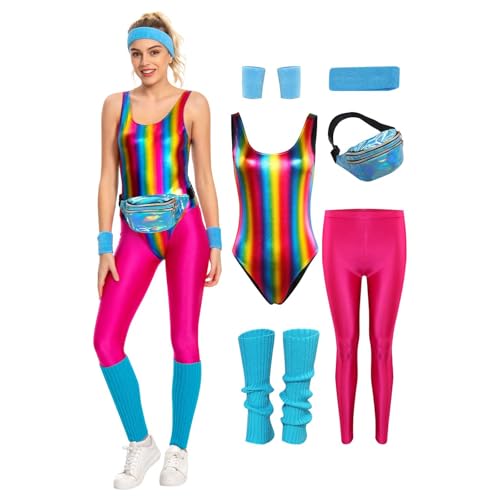 Cyborey 6 Stück Set 80er Jahre Fitness Kostüm Damen Bunte Jumpsuit Yoga Hose Retro Trainingsanzug Kostüm von Cyborey