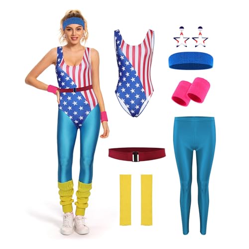 Cyborey 80er Jahre Fitness Kostüm Damen Rretro Trainingsanzug Jumpsuit Yoga Hose mit Zubehör Party Kostüm Set von Cyborey