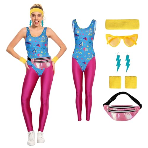 Cyborey 80er Jahre Fitness Kostüm Damen Rretro Trainingsanzug Jumpsuit Yoga Hose mit Zubehör Party Kostüm Set von Cyborey