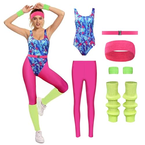 Cyborey 80er Jahre Fitness Kostüm Damen Rretro Trainingsanzug Jumpsuit Yoga Hose mit Zubehör Party Kostüm Set von Cyborey