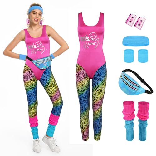 Cyborey 80er Jahre Fitness Kostüm Damen Rretro Trainingsanzug Jumpsuit Yoga Hose mit Zubehör Party Kostüm Set von Cyborey