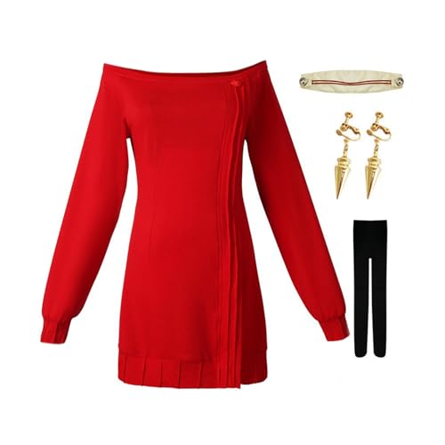 Cyborey Anime Kostüm Strickpullover Rot Damen Komplettes Set mit Stirnband und Ohrringen Halloween Karneval Cosplay Uniform von Cyborey