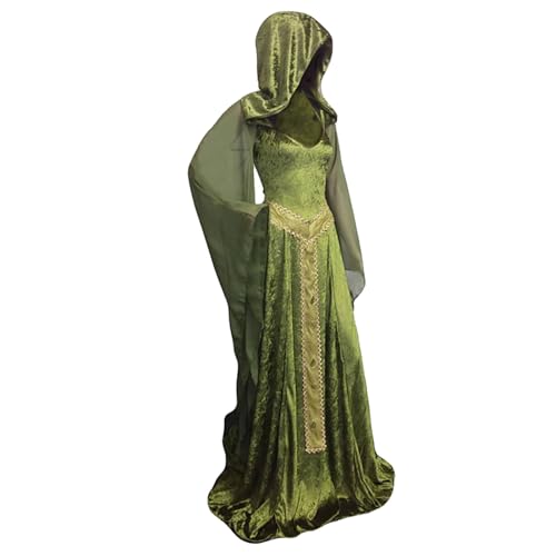 Cyborey Mittelalterliches Kleid mit Kapuze Damen Schnürung Retro Grün Langes Kleid Erwachsene Halloween Cosplay Kostüm von Cyborey