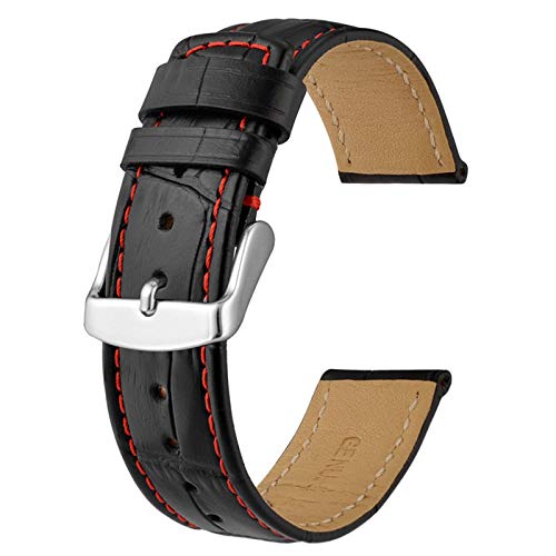 Lederband 18/20/22mm Schnellspanner Uhrenarmband Leder Black-Red Line-S, 18mm von Cycat