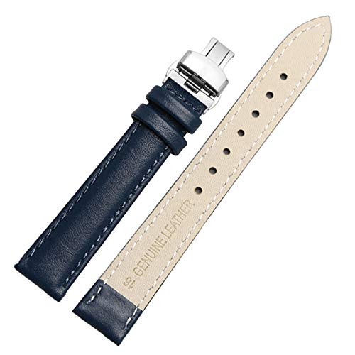 Uhrenarmband Leder 14/16/18/20mm Uhrenarmband mit Butterflyschließe Dunkelblau Silber, 18mm von Cycat