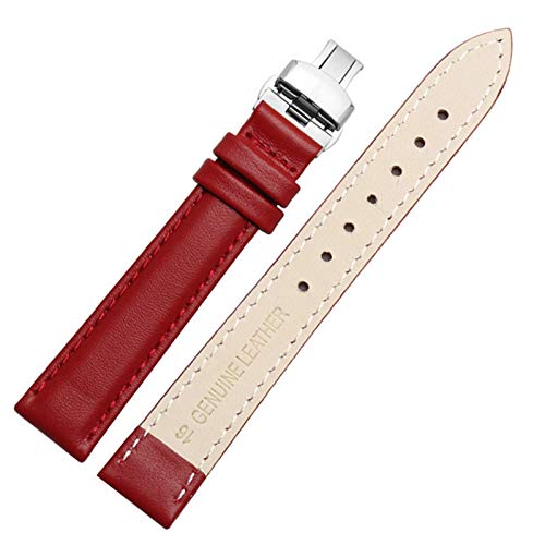 Uhrenarmband Leder 14/16/18/20mm Uhrenarmband mit Butterflyschließe Red Silver Buckle, 18mm von Cycat