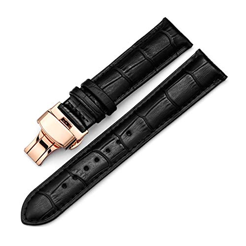 Uhrenarmband Leder Double Click Schmetterling Schliesse Armband 14/16/18/19/20/22/24mm Armbanduhr-Armband Roségold-Schwarz, 20mm von Cycat