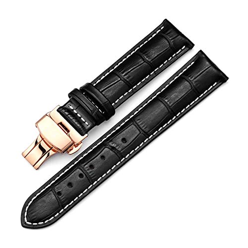 Uhrenarmband Leder Double Click Schmetterling Schliesse Armband 14/16/18/19/20/22/24mm Armbanduhr-Armband Rosegold-Schwarz Weiß, 14mm von Cycat