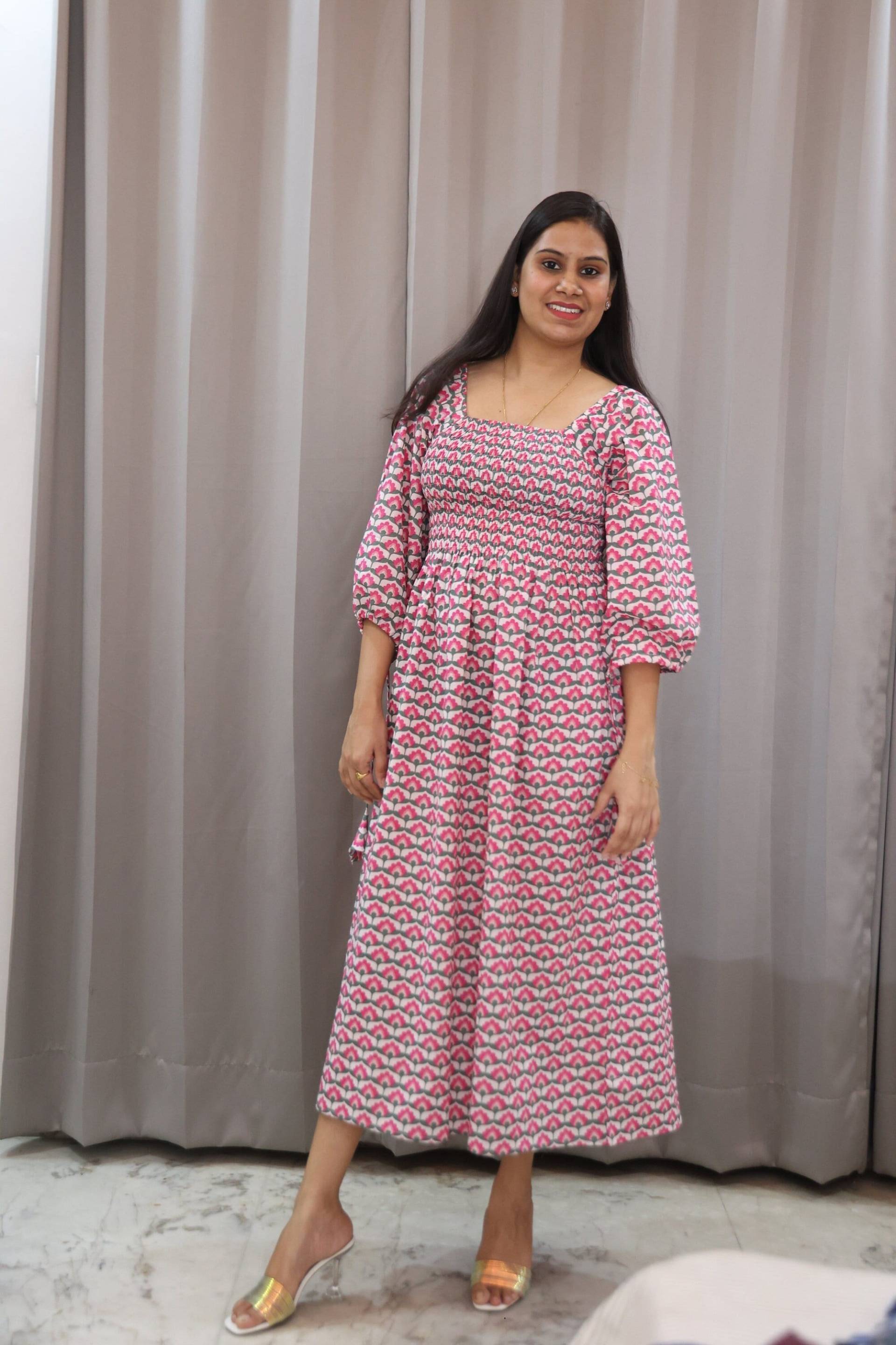 Block-Print Kleid, Boho Kleid , Gaze Maxi Sommerkleid Mit Ärmeln, Blumen Lange Ärmel von CyclamenIndia