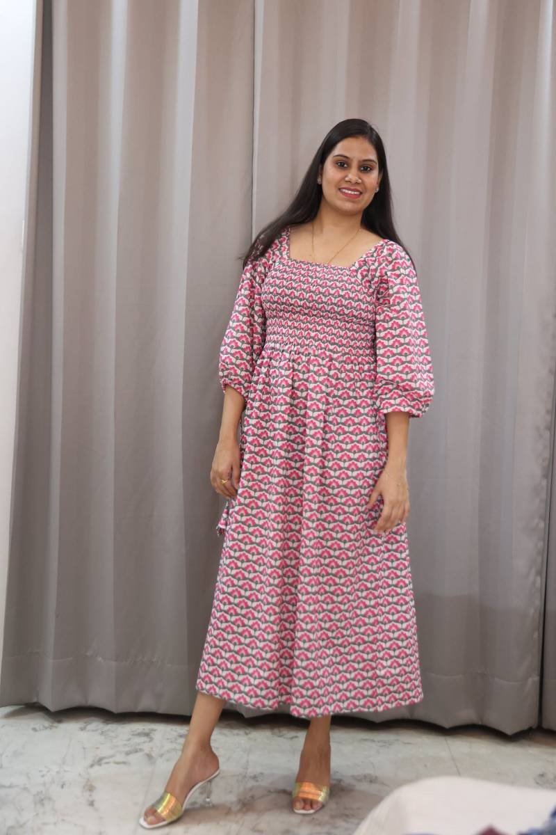 Block-Print Kleid, Boho Kleid , Gaze Maxi Sommerkleid Mit Ärmeln, Blumen Lange Ärmel von CyclamenIndia