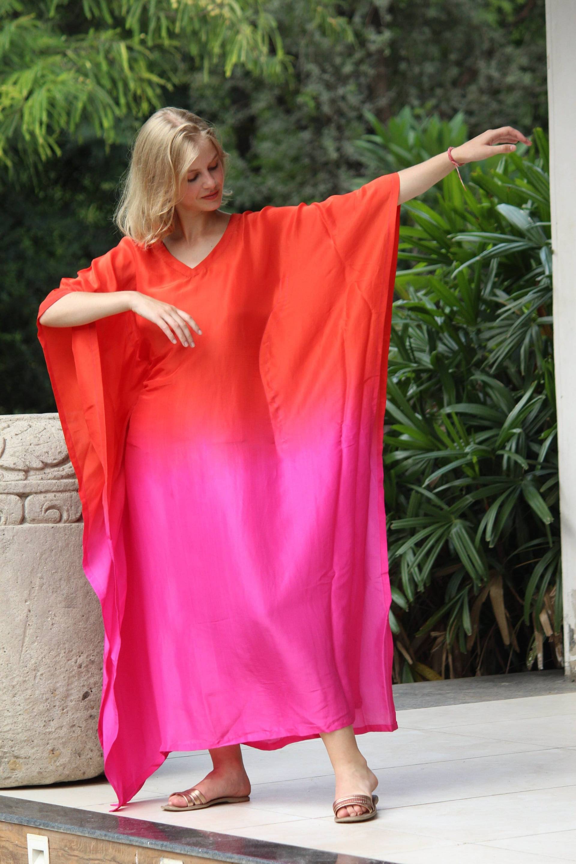 Kaftan Kleid Mit Spaghetti-Top, Gaze-Kleid, Maxi-Kaftan, Strandvertuschung, Boho-Kleid, Kinomo-Robe von CyclamenIndia