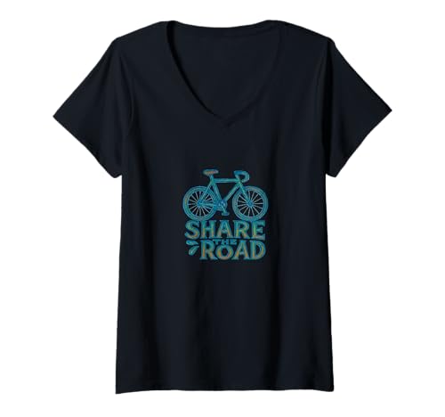 Damen Teilen Sie das Rennrad-Design mit Sicherheits-Radfahren-Nachricht T-Shirt mit V-Ausschnitt von Cycle Aware Emporiums