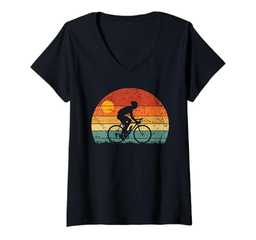 Damen Retro Vintage Cycling Sunset Road Bike Rider Cyclist Racer T-Shirt mit V-Ausschnitt Damen Retro Vintage Cycling Sunset Road Bike Rider Cyclist Racer T-Shirt mit V-Ausschnitt von CycleTees Brand