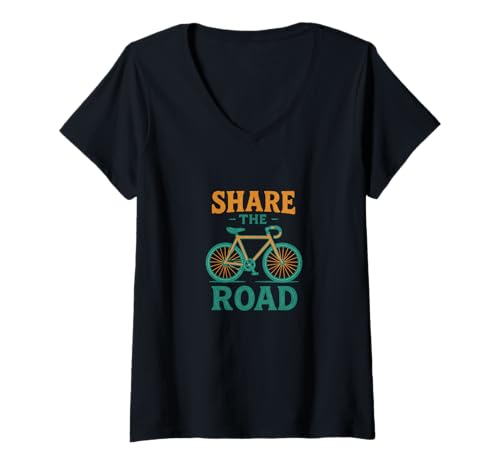 Damen Teilen Sie das Rennrad-Design mit Sicherheits-Radfahren-Nachricht T-Shirt mit V-Ausschnitt von Cycles Aware Emporium