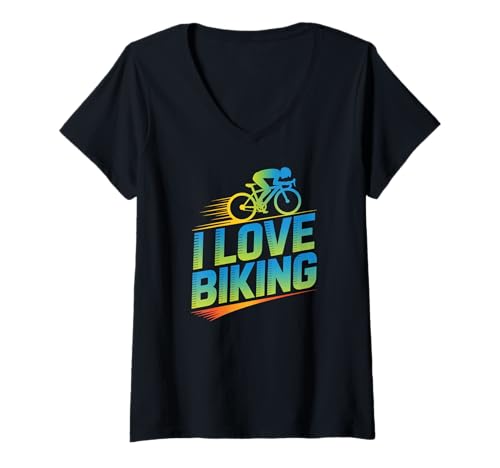 Damen I Love Biking Radfahrer Motivation Lifestyle T-Shirt mit V-Ausschnitt Damen I Love Biking Radfahrer Motivation Lifestyle T-Shirt mit V-Ausschnitt von Cycling Enthusiast Adventure Passion