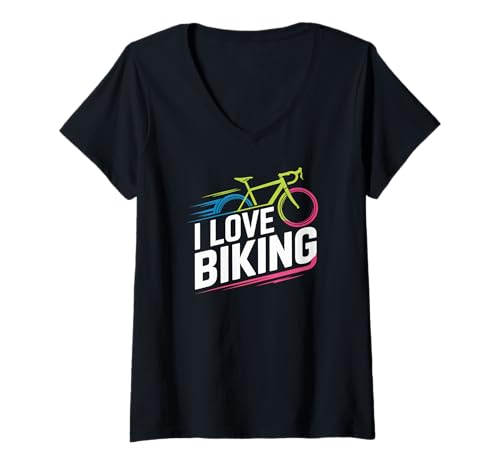 Damen I Love Biking Bicycle Enthusiast-Grafik T-Shirt mit V-Ausschnitt Damen I Love Biking Bicycle Enthusiast-Grafik T-Shirt mit V-Ausschnitt von Cycling Enthusiast Lifestyle Ride Passion