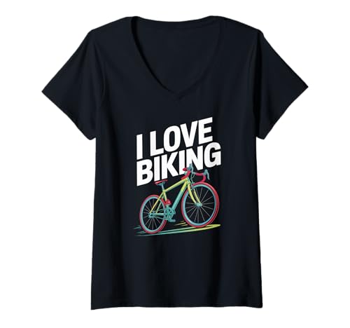 Damen Ich Liebe Radfahren, Vibrant Urban Ride T-Shirt mit V-Ausschnitt Damen Ich Liebe Radfahren, Vibrant Urban Ride T-Shirt mit V-Ausschnitt von Cycling Enthusiasts Road Adventures