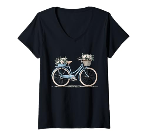 Damen Fahrrad mit Blumenkorb, Radfahrer T-Shirt mit V-Ausschnitt Damen Fahrrad mit Blumenkorb, Radfahrer T-Shirt mit V-Ausschnitt von Cycling and Cyclist Design
