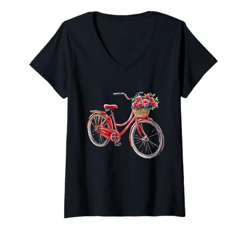 Damen Fahrrad mit Blumenkorb, Radfahrer T-Shirt mit V-Ausschnitt Damen Fahrrad mit Blumenkorb, Radfahrer T-Shirt mit V-Ausschnitt von Cycling and Cyclist Design