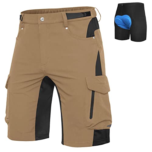 Cycorld MTB Hose-Kurz-Herren-Fahrradhose-Gepolstert, Schnelltrocknende MTB Shorts Herren Radlerhose Atmungsaktiv Radhose Herren Kurz mit Verstellbaren Klettverschlüssen (Khaki, S) von Cycorld