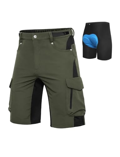 Cycorld MTB Hose Herren Fahrradhose, Schnelltrocknende MTB Shorts Herren Mountainbike Hose Baggy Bike Shorts, Atmungsaktiv Radhose mit Verstellbaren Klettverschlüssen (Grün+Blaue Pad, XXL) von Cycorld