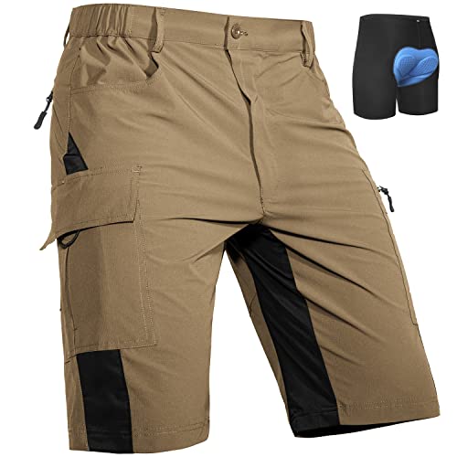 Cycorld MTB Hose Herren Radhose, Schnelltrocknend MTB Shorts mit Sitzpolster, Elastische Farradhose Outdoor Sport Mountainbike Hose Herren (Khaki mit Unterwäsche, L) von Cycorld