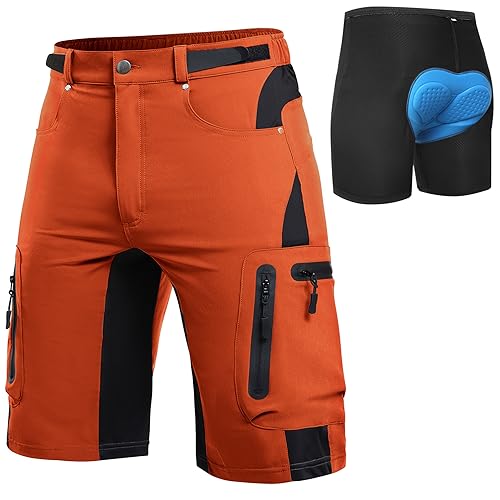 Cycorld MTB Hose Herren Radhose, Schnelltrocknend Mountainbike Hose Fahrradhose mit 4D Sitzpolster, Elastische Sport Radlerhose Shorts (as3, Alpha, l, Regular, Regular, Orange-rot mit Unterwäsche) von Cycorld