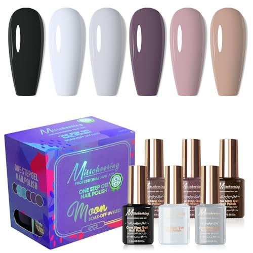 Cycullinyt 6Pcs One Step Gel Nagellack Set, 3 in 1 Keine Notwendigkeit Basis und Top Coat, 15ml Einweichen von LED UV Weiß Braun Schwarz Nude Nagel Gel Polish Maniküre Kit für Frauen Mädchen von Cycullinyt