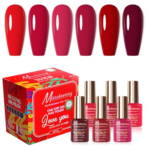 Cycullinyt 6Pcs One Step Gel Nagellack Set, 3 in 1 Keine Notwendigkeit Basis und Top Coat, 15ml Soak Off LED UV Rot Nude Nagel Gel Polish Maniküre Kit für Frauen Mädchen von Cycullinyt