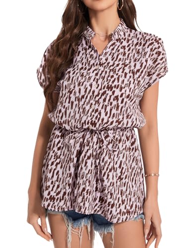 Cyer Vitz Pflege Button Down V-Ausschnitt Blusen Drawstring Leopardenmuster Tops Cap Sleeve Shirts von Cyer Vitz