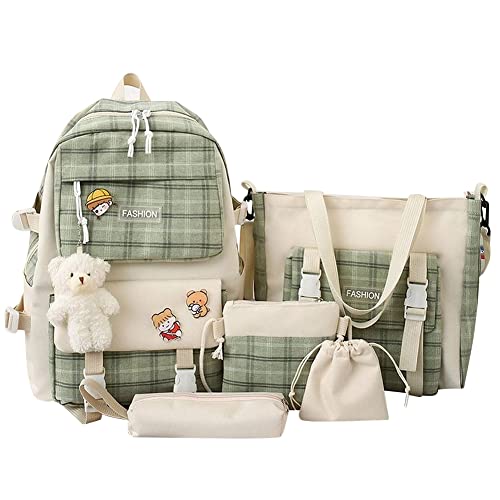 5Pcs Leinwand Schule Rucksack Combo Set, Kawaii Schule Rucksäcke for Mädchen Studenten, Niedlich Ästhetische Rucksack Kleine Leinwand Tote Taschen Kawaii Zubehör Rucksack for Schule, grün, von Cymwer