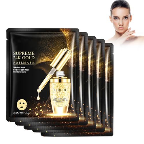 5 Stück Skincare Gesichtsmaske Gold 24 K, Anti-Aging Maske Tuchmaske 24k Gold Facial Masks Sheet Patch Gold-Gesichtsmasken Für Anti-Aging, Reduziert Feine Linien, Augenringe & Geschwollene Augen von Cynamus