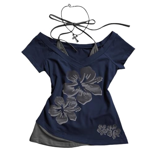 Damen Y2k Emo Grunge Graphic Baby T-Shirts Fake Zweiteiler Kurzarm Vintage Crop Top 2000er Jahre Gothic Alt Kleidung Streetwear, Blume/Blau, S von Cynefoa