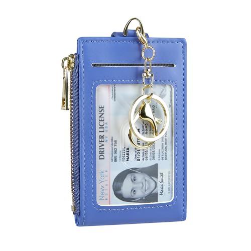 Cynure Damen & Herren Leder RFID Blocking Kartenhalter Slim Small Zipper Keychain Fronttasche Geldbörse mit 2 ID Fenster, 1-Plain Blue von Cynure