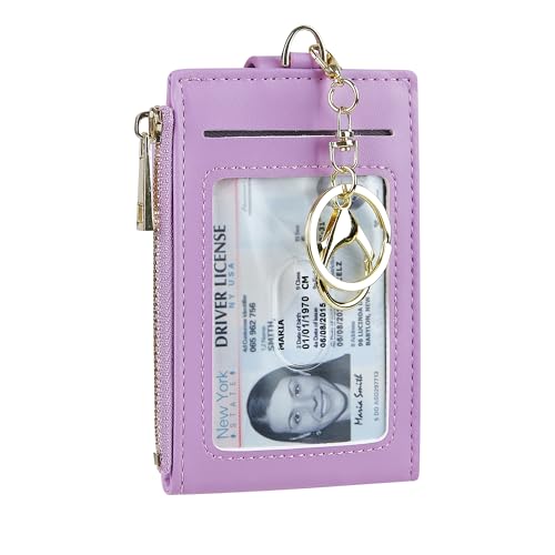 Cynure Damen & Herren Leder RFID Blocking Kartenhalter Slim Small Zipper Keychain Fronttasche Geldbörse mit 2 ID Fenster, 1-Plain Purple von Cynure