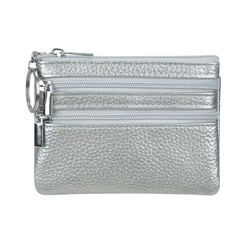 Damen Echtleder Münzbörsen Mini, Klein Geldbörse Münzegeldbörse mit Schlüsselanhänger,Silber von Cynure