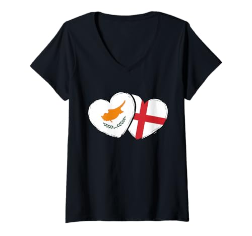 Damen Zypern-Flagge, England-Herzen T-Shirt mit V-Ausschnitt Damen Zypern-Flagge, England-Herzen T-Shirt mit V-Ausschnitt von Cyprus Flag Cypriot Roots