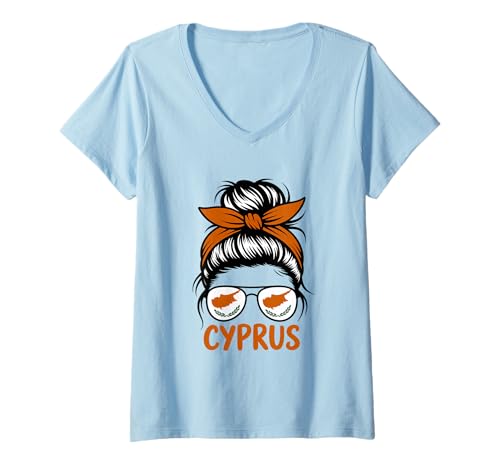 Damen Zypern-Flagge, unordentliches Dutt, Mädchen, zyprische Wurzeln T-Shirt mit V-Ausschnitt Damen Zypern-Flagge, unordentliches Dutt, Mädchen, zyprische Wurzeln T-Shirt mit V-Ausschnitt von Cyprus Flag Cypriot Roots