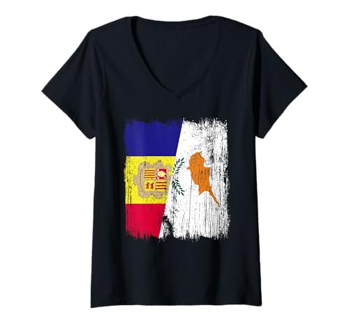 Damen Andorra Zypern Halbflagge Andorranisches zyprisches Erbe T-Shirt mit V-Ausschnitt von Cyprus Flag Designs Proud Cypriot Roots