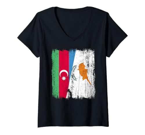 Damen Aserbaidschan Zypern Halbflagge Aserbaidschan Zypern Erbe T-Shirt mit V-Ausschnitt von Cyprus Flag Designs Proud Cypriot Roots
