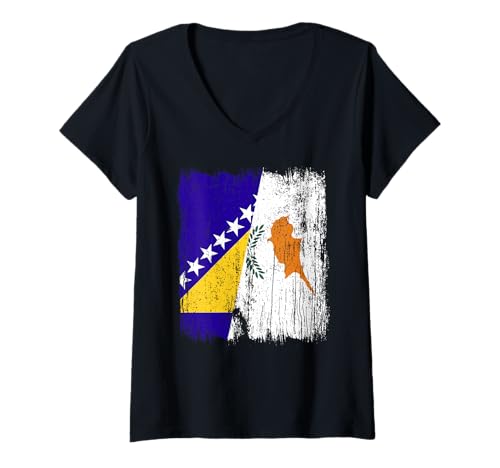 Damen Bosnien und Herzegowina Zypern Halbflagge Bosnien Zypern T-Shirt mit V-Ausschnitt von Cyprus Flag Designs Proud Cypriot Roots
