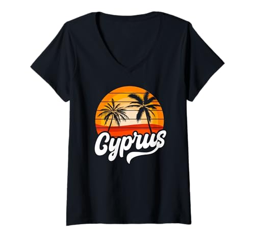 Damen Cyprus Beach Design Retro Zyprischer Sonnenuntergang Motiv T-Shirt mit V-Ausschnitt von Cyprus Flag Designs Proud Cypriot Roots