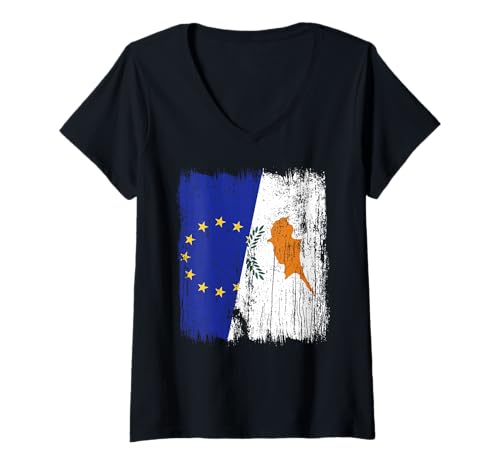 Damen EU Zypern Halbflagge Europa Zyprisches Erbe T-Shirt mit V-Ausschnitt von Cyprus Flag Designs Proud Cypriot Roots