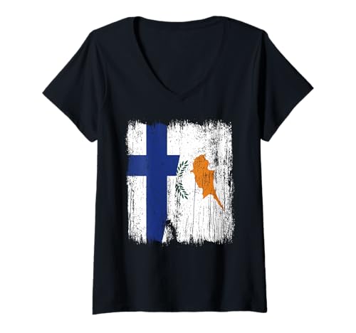 Damen Finnland Zypern halbe Flagge finnisch-zyprisches Erbe T-Shirt mit V-Ausschnitt von Cyprus Flag Designs Proud Cypriot Roots