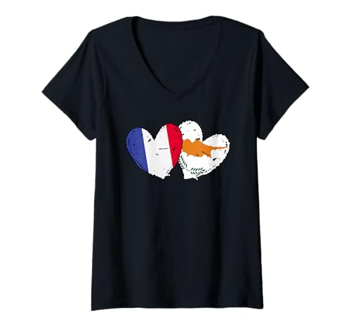 Damen Frankreich Zypern Herz Flaggen Französisch Zyprisch Dual Friendship T-Shirt mit V-Ausschnitt von Cyprus Flag Designs Proud Cypriot Roots