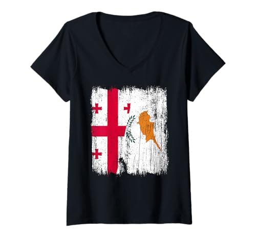 Damen Georgien Zypern halbe Flagge Georgisches Zyprisches Erbe T-Shirt mit V-Ausschnitt von Cyprus Flag Designs Proud Cypriot Roots