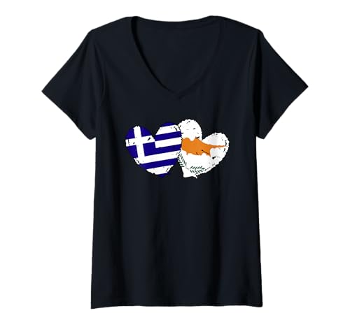 Damen Griechenland Zypern Herz Flaggen Griechisch Zyprisch Dual Friendship T-Shirt mit V-Ausschnitt von Cyprus Flag Designs Proud Cypriot Roots