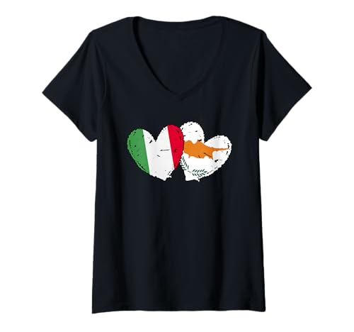 Damen Italien Zypern Herz Flaggen Italienisch Zyprisch Dual Friendship T-Shirt mit V-Ausschnitt von Cyprus Flag Designs Proud Cypriot Roots