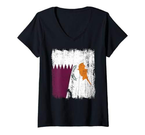 Damen Katar Zypern Halbflagge Katar Zyprisches Erbe T-Shirt mit V-Ausschnitt von Cyprus Flag Designs Proud Cypriot Roots